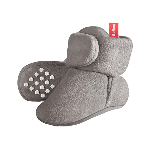 Bufims Baby Fleece Booties 0-6 Months Unisex Newborn Infant Booties Non-Slip First Walkers Shoes Baby Slippers for Baby Boys & Baby Girls Grey - Image 1