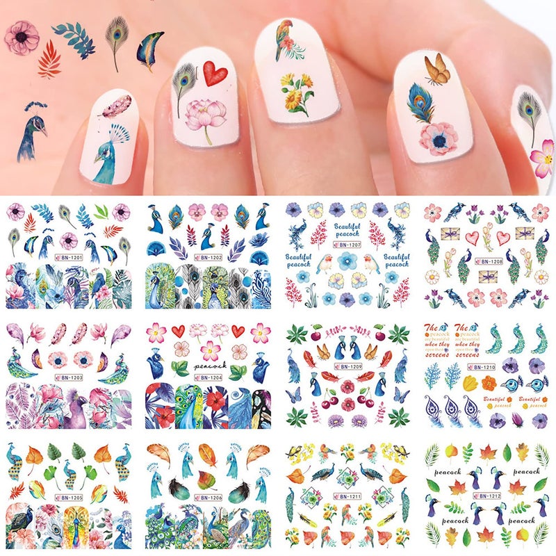 12 Sheets Nail Water Transfer Decals Nail Art Stickers for Women Holographic Peacock Flowers Maple Leaf Feather Etc Nail Designs Supplies Acrylic Nails Decorations DIY Resin Nail Decal Tattoos Set