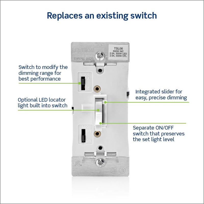 Leviton Toggle Slide Dimmer Switch for Dimmable LED, Halogen and Incandescent Bulbs, TSL06-1LW, White - Image 3
