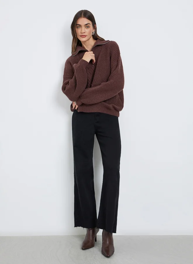 Styli Styli Coffee Brown Cable Knit Half-Zip Sweater