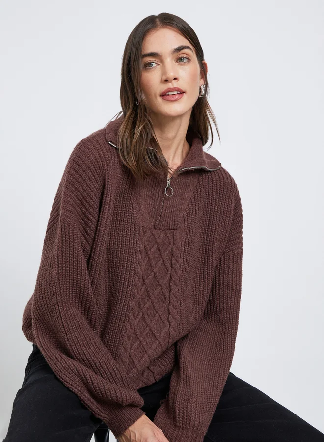 Styli Styli Coffee Brown Cable Knit Half-Zip Sweater