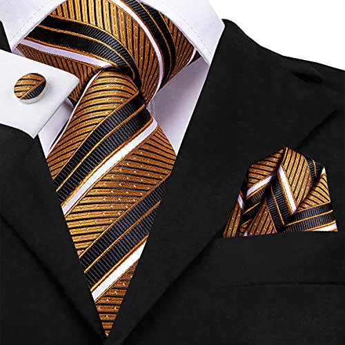 Dubulle Mens Black Gold Striped Tie WOVEN Necktie for Men and Handkerchief Cufflinks Set Wedding Formal Business - Image 4