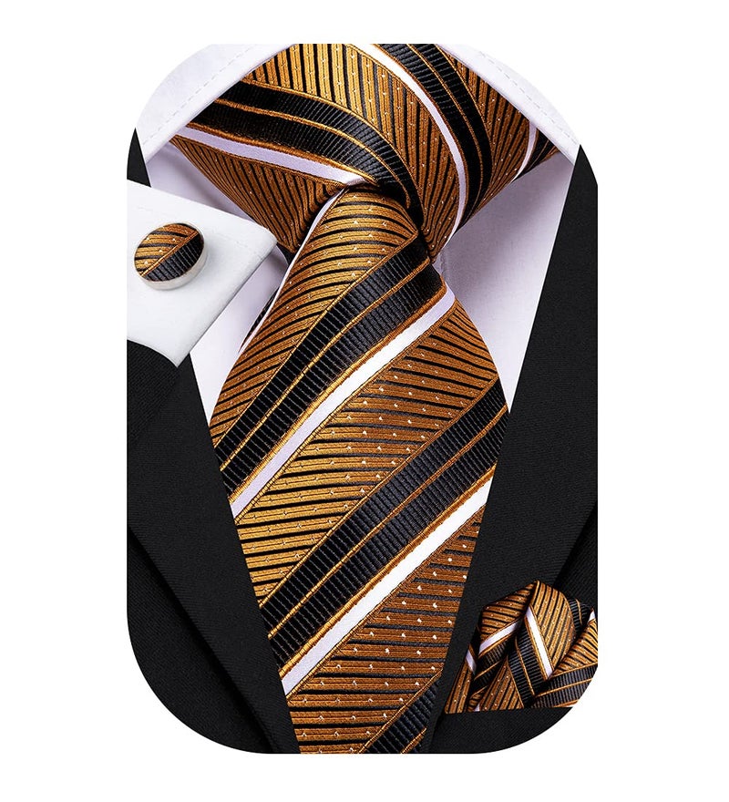 Dubulle Mens Black Gold Striped Tie WOVEN Necktie for Men and Handkerchief Cufflinks Set Wedding Formal Business - Image 1