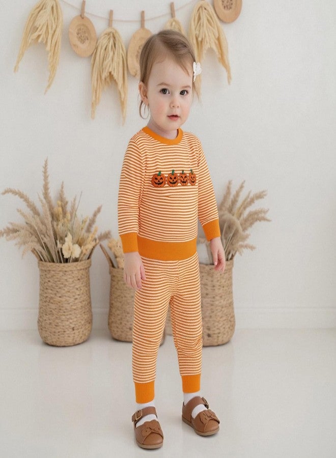 Karuedoo Toddler Baby Boy Girl Halloween Outfit Pumpkin Ghost Embroidery Stripe Long Sleeve Waffle Sweatshirt and Pants Set (A-Orange Pumpkin Ghost Face, 3-4T) - Image 5
