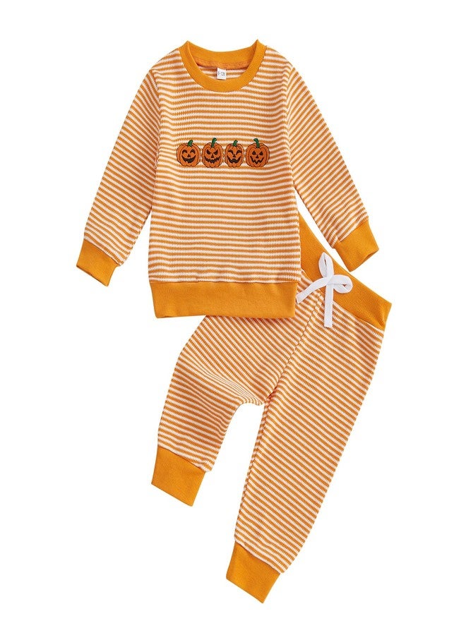 Karuedoo Toddler Baby Boy Girl Halloween Outfit Pumpkin Ghost Embroidery Stripe Long Sleeve Waffle Sweatshirt and Pants Set (A-Orange Pumpkin Ghost Face, 3-4T) - Image 1
