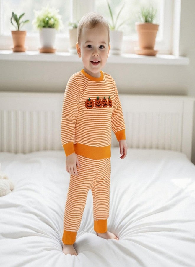 Karuedoo Toddler Baby Boy Girl Halloween Outfit Pumpkin Ghost Embroidery Stripe Long Sleeve Waffle Sweatshirt and Pants Set (A-Orange Pumpkin Ghost Face, 3-4T) - Image 3