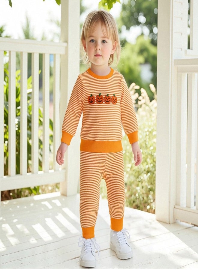 Karuedoo Toddler Baby Boy Girl Halloween Outfit Pumpkin Ghost Embroidery Stripe Long Sleeve Waffle Sweatshirt and Pants Set (A-Orange Pumpkin Ghost Face, 3-4T) - Image 4