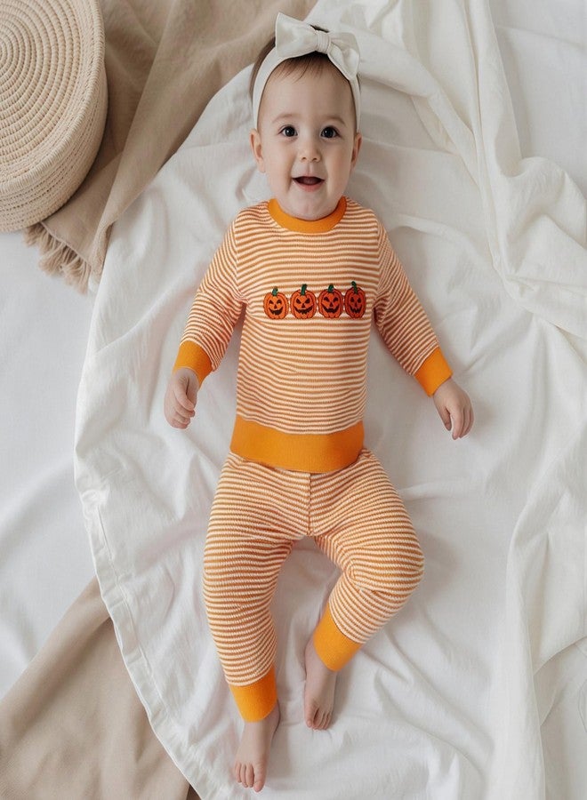 Karuedoo Toddler Baby Boy Girl Halloween Outfit Pumpkin Ghost Embroidery Stripe Long Sleeve Waffle Sweatshirt and Pants Set (A-Orange Pumpkin Ghost Face, 3-4T) - Image 2