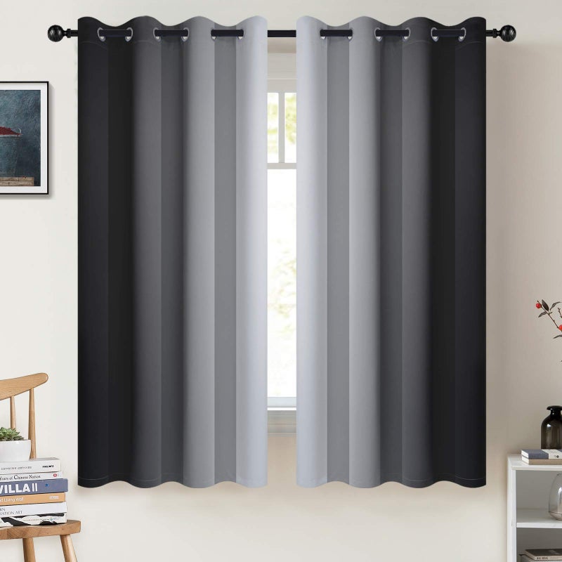 COSVIYA Grommet Ombre Room Darkening Curtains 63 inch Length, Black and Greyish White Gradient Drapes Light Blocking Insulated Thermal Window Curtains for Bedroom/Living Room,2 Panels,52x63 inches - Image 1