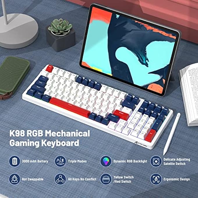 rayihni K98 96% WIRELESS MECHANICAL GAMING KEYBOARD，TRI-MODE BT5.0/2.4G/USB-C WITH COILED CABLE，RGB BACKLIT，HOT SWAPPABLE，100KEYS WITH NUMBER PAD， RECHARGEABLE，ERGONOMIC，FOR MAC/WIN-RED SWITCH - Image 2