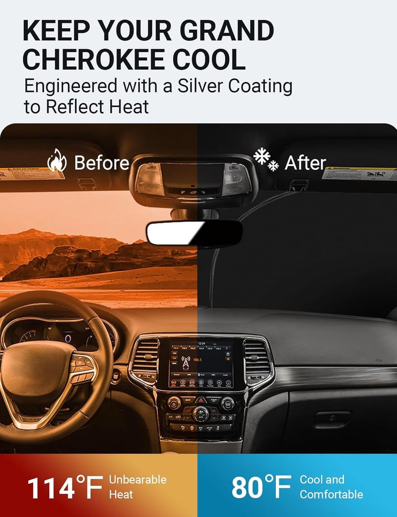 Proadsy Windshield Sun Shade for Jeep Grand Cherokee 2014-2025 2026 4-Layer Foldable Front Sunshade Protector Sun Visor Blocks UV Rays Keep Car Cooler - Image 3