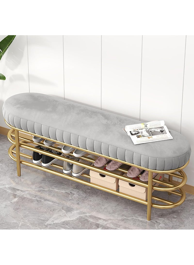 Velvet Shoe Bench with Double Shelf, Modern End Of Bed Bench - Entryway Shoe Rack Bench with Metal Base for Living Room, Bedroom & Hallway - Image 1