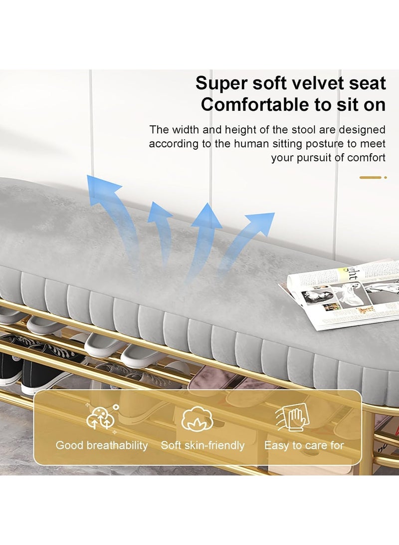 Velvet Shoe Bench with Double Shelf, Modern End Of Bed Bench - Entryway Shoe Rack Bench with Metal Base for Living Room, Bedroom & Hallway - Image 2