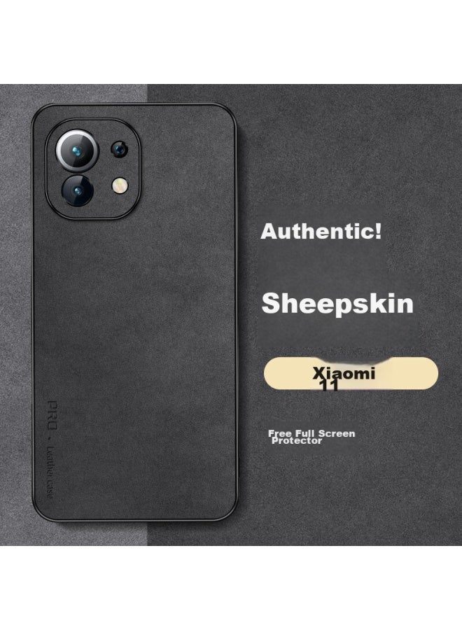 Shangsu, Suitable For Xiaomi 11 Phone Case, Mi 11 Protective Cover, Shockproof, Full Lens Protection, Soft Shell, Simple Luxury, Lambskin Silicone Outer Case, Women's And Men's Leather Case, Black - Image 1