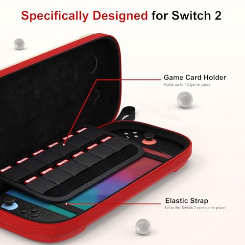 STARTRC GAMES Slim Carrying Case for Nintendo Switch 2 2025, Hard Shell Travel Case with 12 Game Card Slots, Portable Carry Bag for Switch 2 Console White & Red - Image 3
