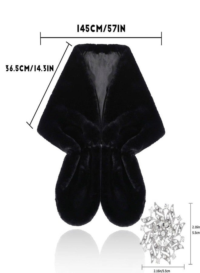 Aularso Women’s Faux Fur Shawl and Wraps Bridal Wedding Fur Stole With Rhinestone Brooch for Bride and Bridesmaids (Black) - Image 2
