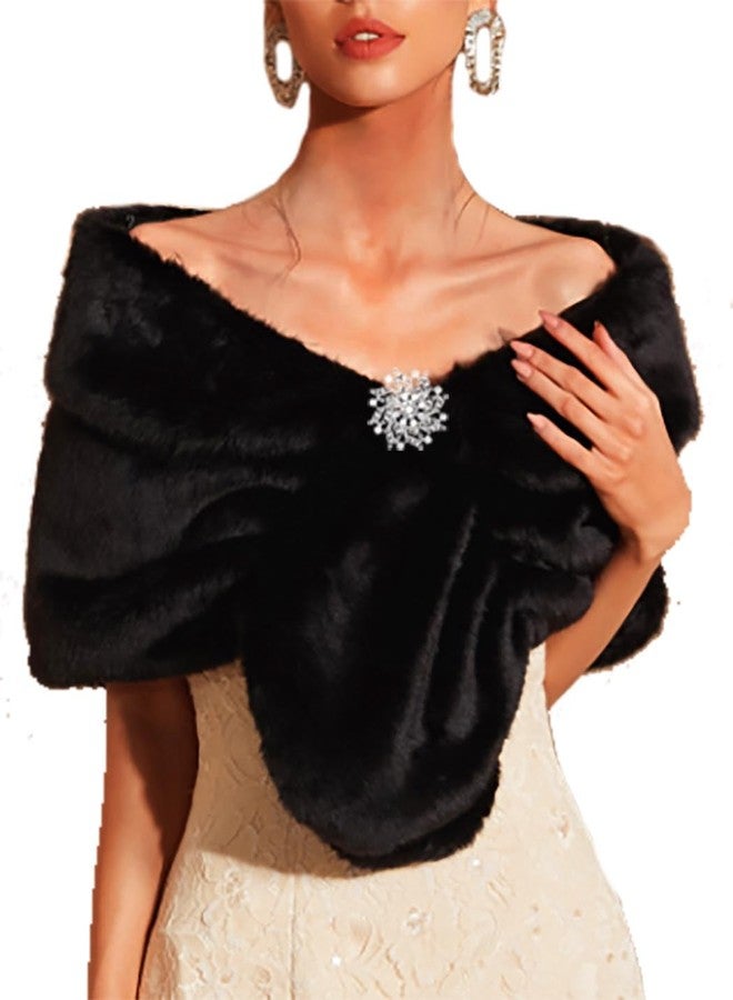 Aularso Women’s Faux Fur Shawl and Wraps Bridal Wedding Fur Stole With Rhinestone Brooch for Bride and Bridesmaids (Black) - Image 1