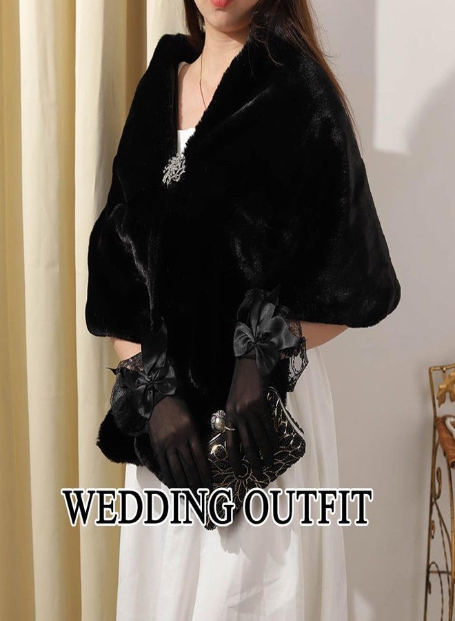 Aularso Women’s Faux Fur Shawl and Wraps Bridal Wedding Fur Stole With Rhinestone Brooch for Bride and Bridesmaids (Black) - Image 5