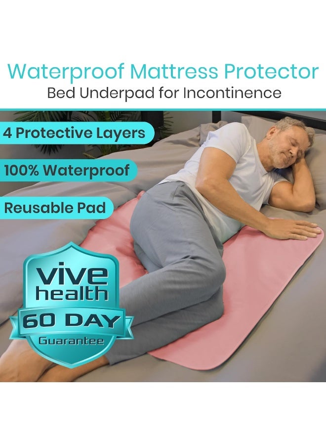 Vive Washable Incontinence Bed Pad - Heavy Duty, Waterproof Overnight Urinary Mattress Protector - Reusable Dry Bed Wetting Underpad (34" x 52", Pink) - Image 2