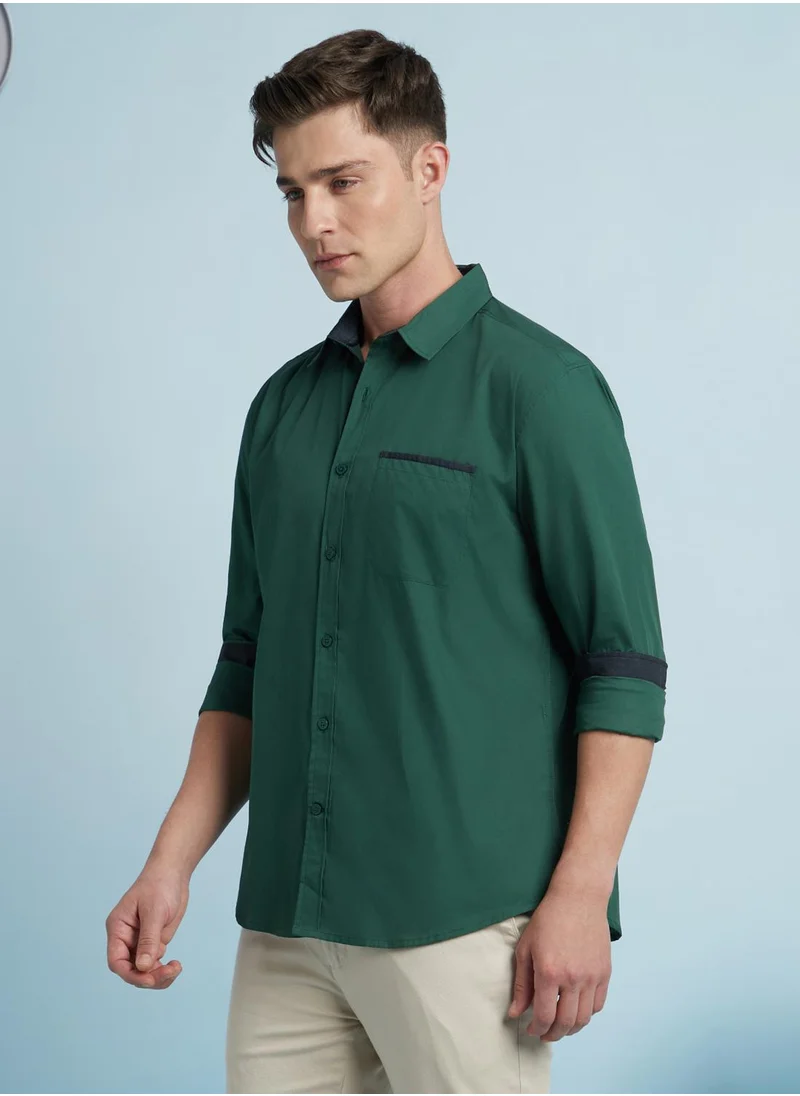 دينيس لينغو Men's Forest Green 100% Cotton Solid Regular Fit Shirt