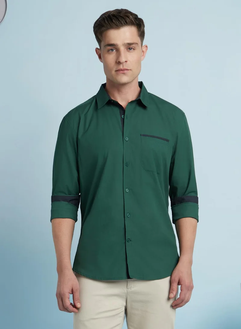 Dennis Lingo Men's Forest Green 100% Cotton Solid Regular Fit Shirt