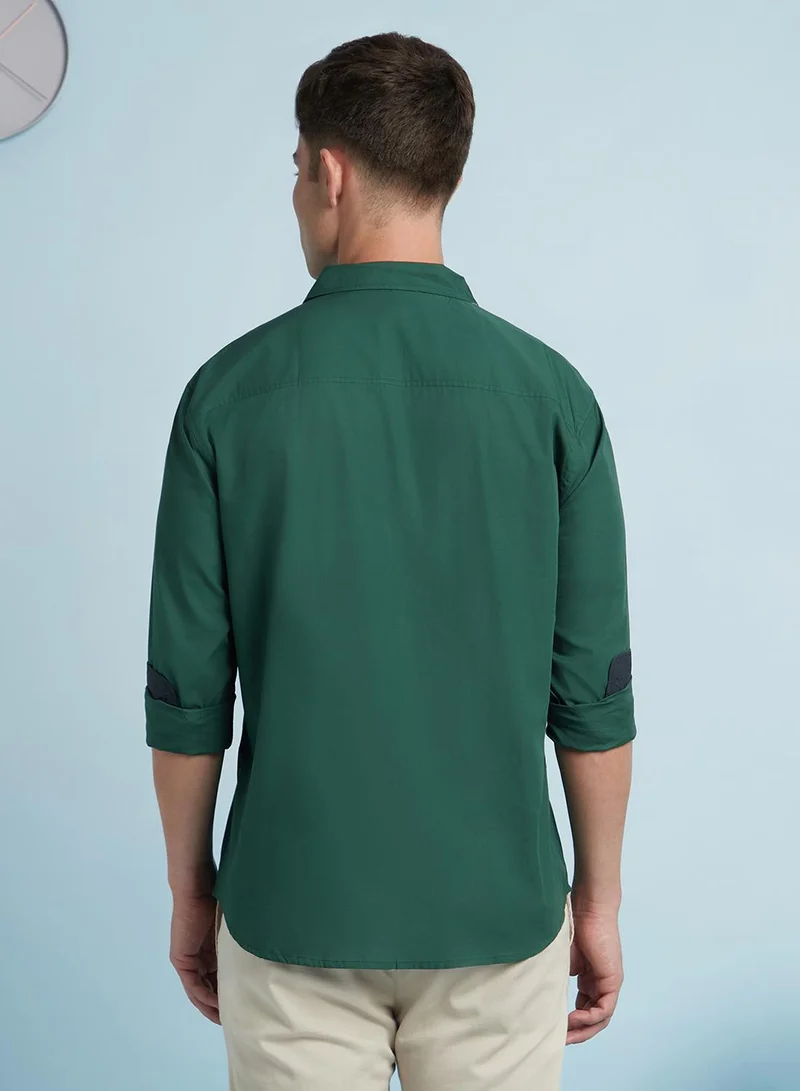 Dennis Lingo Men's Forest Green 100% Cotton Solid Regular Fit Shirt