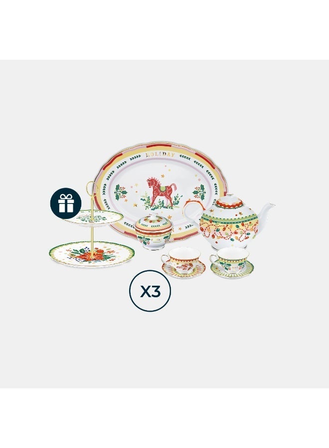 Baci milano Porcelain Tea Set 10 Pieces for 6 Persons – Mamma Mia Xmas Collection, Teapot, Sugar Bowl, Tea Cups, Oval Plate, Gift Cake Stand, Festive Tableware, Home, Gift, Italian Design by Baci Milano - Image 1