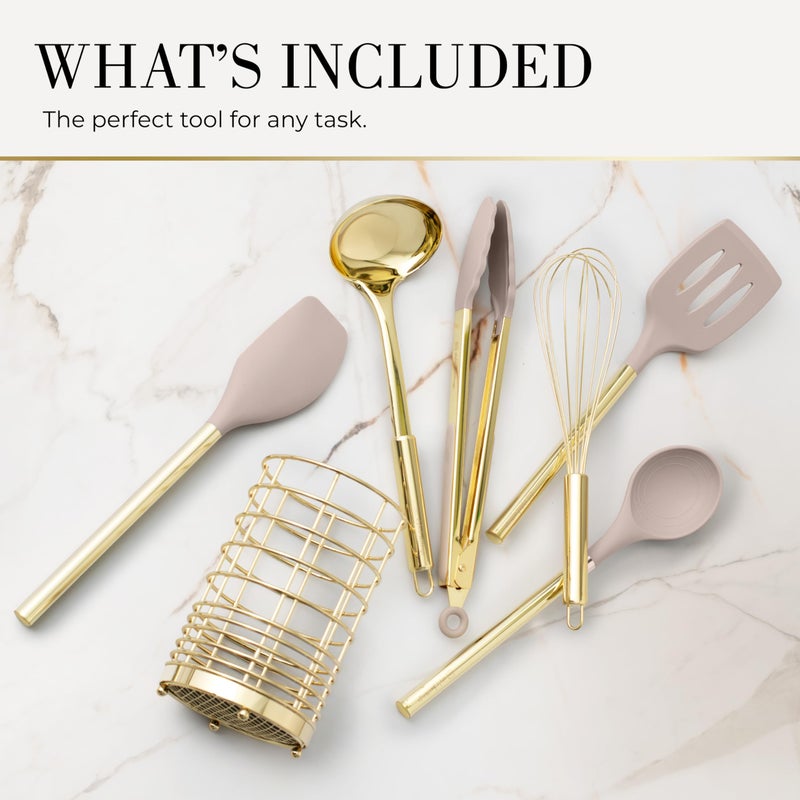 styled settings 7-Piece Beige & Gold Kitchen Utensils Set â€“ Non-Toxic Silicone & Stainless Steel Tools for Cooking, Serving, & Hosting â€“ Ideal for Nonstick Cookware & Modern Kitchens, with Gold Utensil Holder - Image 2