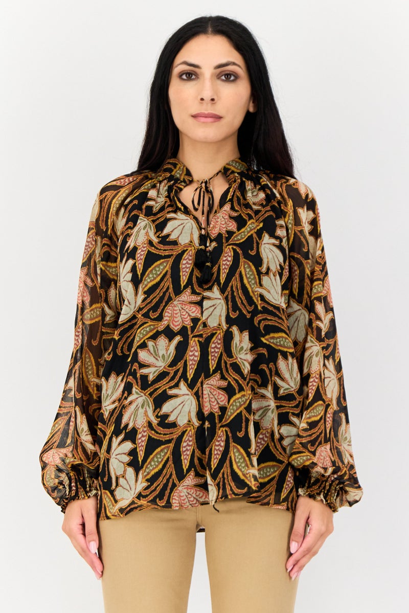 KOTON بلوزة مزخرفة بأكمام طويلة ورقبة مربوطة للنساء، متعددة الألوان - Image 1