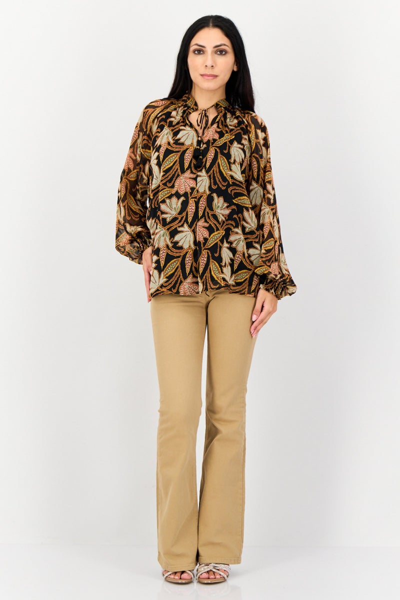 KOTON بلوزة مزخرفة بأكمام طويلة ورقبة مربوطة للنساء، متعددة الألوان - Image 4