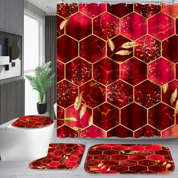 4 PCS BATHROOM SHOWER CURTAIN SETRED HONEYCOMB MARBLE BATHROOM SETS WITH RUGSBATH MATU SHAPE AND TOILET LID COVER MAT AND 12 DURABLE HOOKS