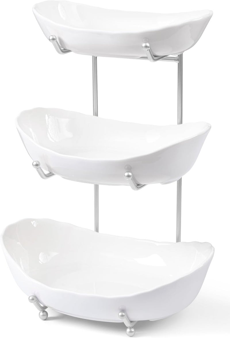 HBlife Fruit Bowl for Kitchen Counter  3 Tier Ceramic Fruit Bowl with Metal Stand Tiered Fruit Basket for Kitchen Snack Dessert Tray Plate Rack for Party - Image 1