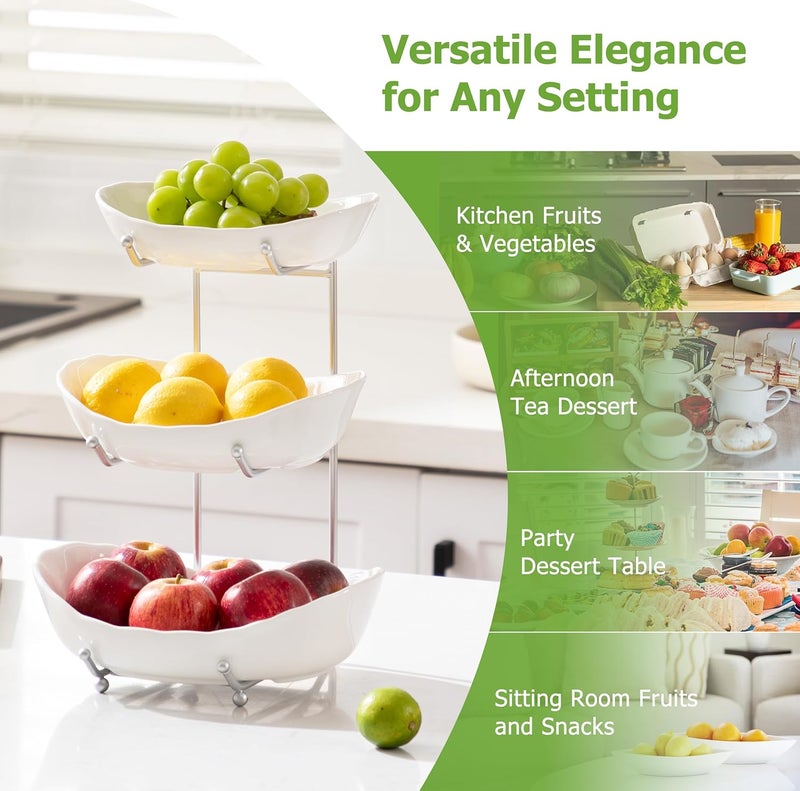 HBlife Fruit Bowl for Kitchen Counter  3 Tier Ceramic Fruit Bowl with Metal Stand Tiered Fruit Basket for Kitchen Snack Dessert Tray Plate Rack for Party - Image 4