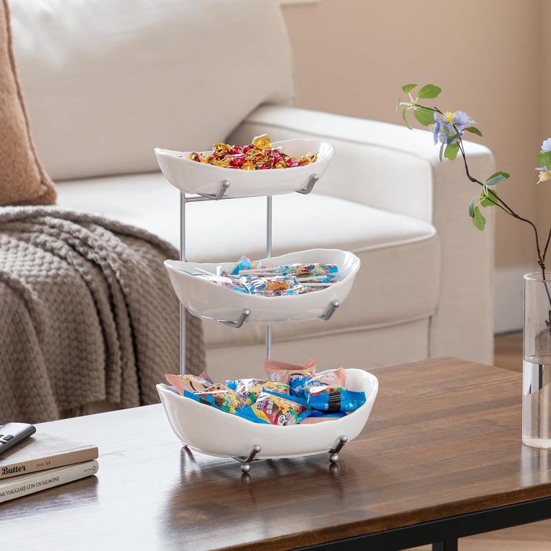 HBlife Fruit Bowl for Kitchen Counter  3 Tier Ceramic Fruit Bowl with Metal Stand Tiered Fruit Basket for Kitchen Snack Dessert Tray Plate Rack for Party - Image 5
