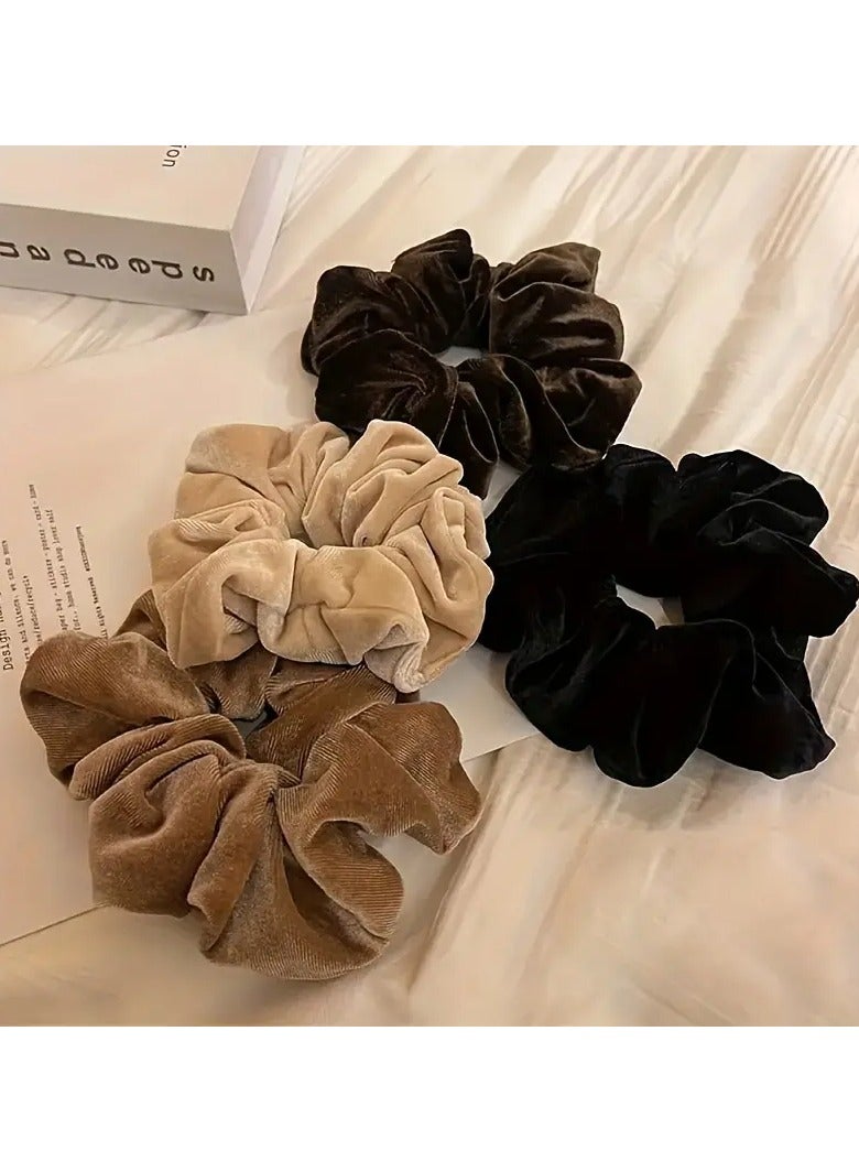 Ucanbe 4pcs Bohemian Style Velvet Hair Ties - Soft Elastic Ponytail Holders with Black Bow, Solid Color Floral Design for Women, Perfect for Running & Autumn/Winter Hairstyles, Autumn Winter Accessories | Plush Hair Bands | Scalloped Edges Design, Hair Accessories - Image 1