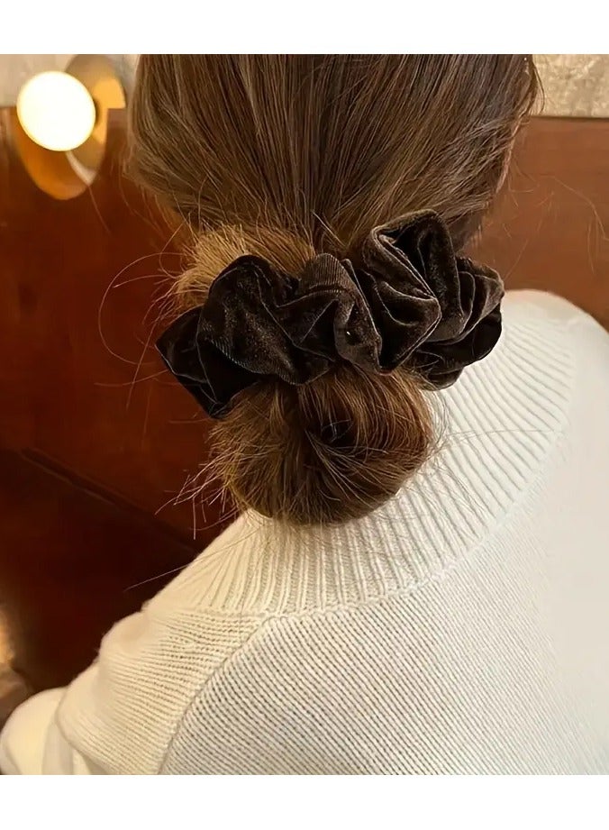 Ucanbe 4pcs Bohemian Style Velvet Hair Ties - Soft Elastic Ponytail Holders with Black Bow, Solid Color Floral Design for Women, Perfect for Running & Autumn/Winter Hairstyles, Autumn Winter Accessories | Plush Hair Bands | Scalloped Edges Design, Hair Accessories - Image 5