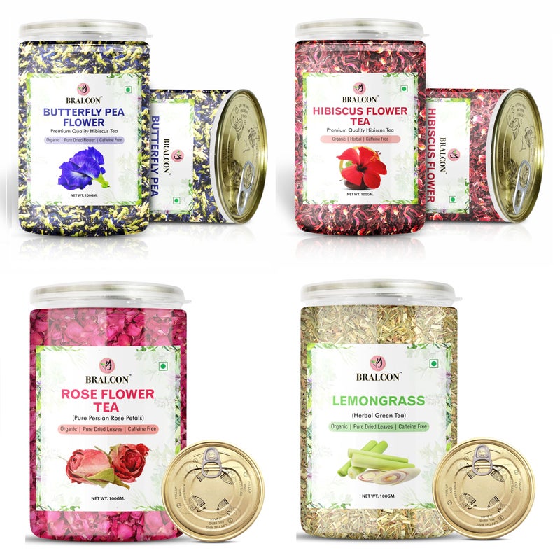 BRALCON Hibiscus Flower Tea(50g) + Butterfly Blue Pea flower Tea (50g) + Lemongrass Herbal Tea(50g) Rose Tea (50g) - Image 1
