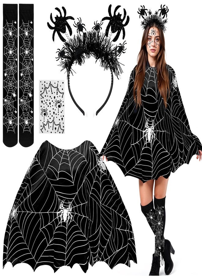 Asekonc Halloween Spider Web Headpiece Black Widow Headdress with Sheer Spider Web Arm Lace Glove , faux flowers, choker necklace and earrings，Halloween Costume Set Fits for Woman . - Image 1