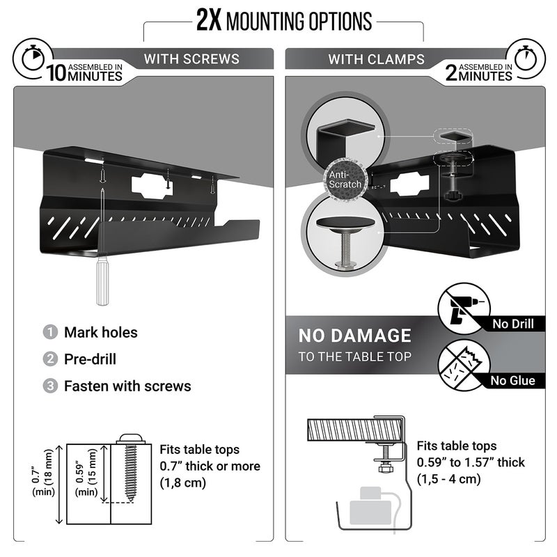 Ultimate Setup Under Desk Cable Management Tray no Drill â€“ Wire Management - Cord Organizer â€“ Huge Load Capacity â€“ Under Desk Cable Tray no Drill (Black, 2 Pieces Set) - Image 3