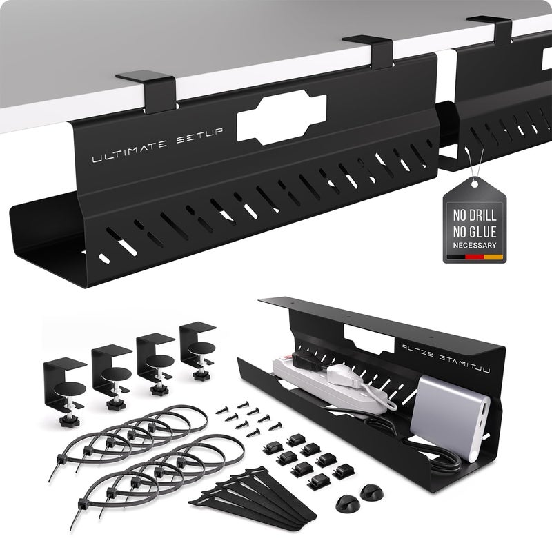 Ultimate Setup Under Desk Cable Management Tray no Drill â€“ Wire Management - Cord Organizer â€“ Huge Load Capacity â€“ Under Desk Cable Tray no Drill (Black, 2 Pieces Set) - Image 1