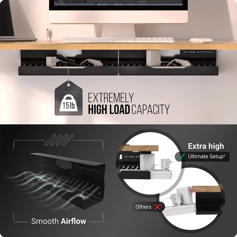 Ultimate Setup Under Desk Cable Management Tray no Drill â€“ Wire Management - Cord Organizer â€“ Huge Load Capacity â€“ Under Desk Cable Tray no Drill (Black, 2 Pieces Set) - Image 4