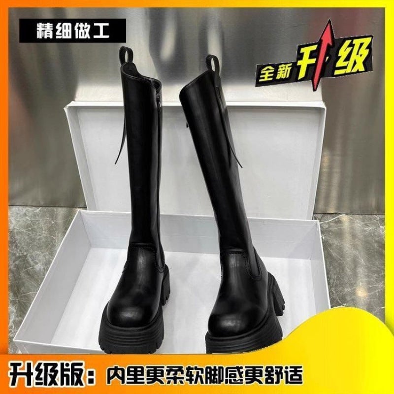 Increased Thick Bottom Slimming But Knee Knight High Boots 2024 European Explosions Fleece-Lined Inequality Tide - Image 1
