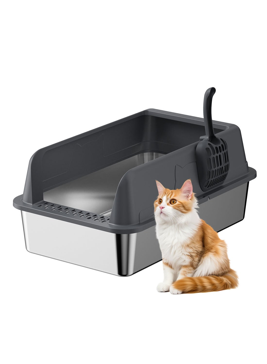 Large Stainless Steel Cat Litter Box with Litter Scoop Cat Toilet Cat Litter Tray High Wall Side Shell Non-Sticky Anti Splashing and Easy Clean 33.5*43.5*25.5cm