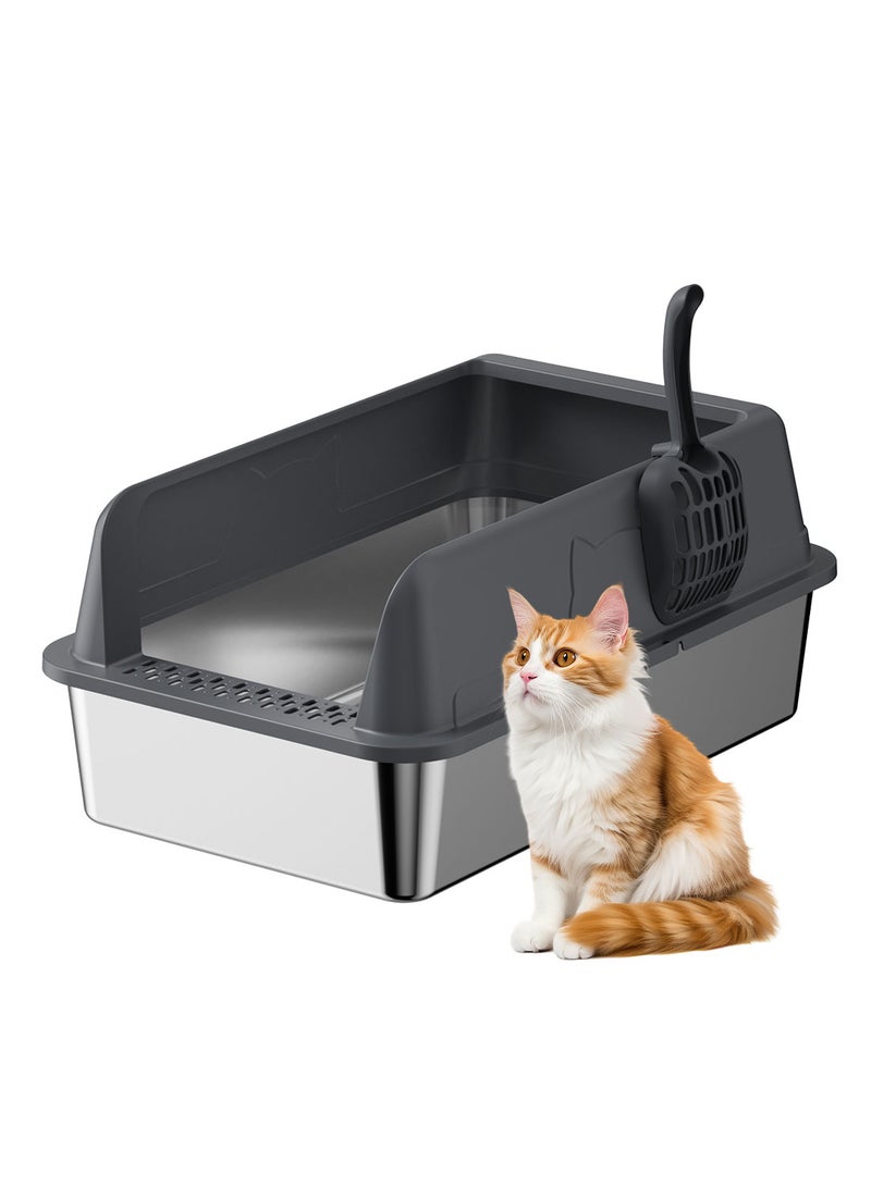Kidle Large Stainless Steel Cat Litter Box with Litter Scoop Cat Toilet Cat Litter Tray High Wall Side Shell Non-Sticky Anti Splashing and Easy Clean 33.5*43.5*25.5cm - Image 1
