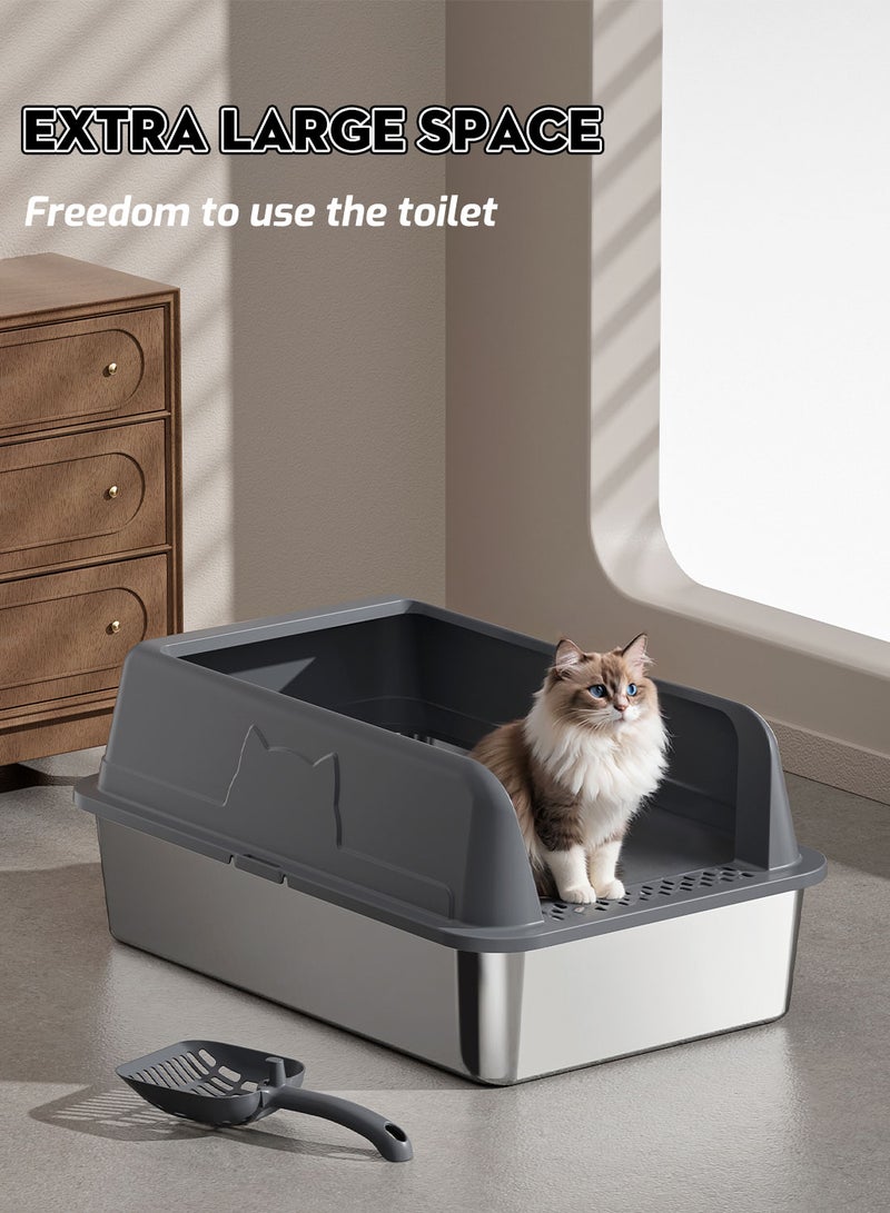 Kidle Large Stainless Steel Cat Litter Box with Litter Scoop Cat Toilet Cat Litter Tray High Wall Side Shell Non-Sticky Anti Splashing and Easy Clean 33.5*43.5*25.5cm - Image 3