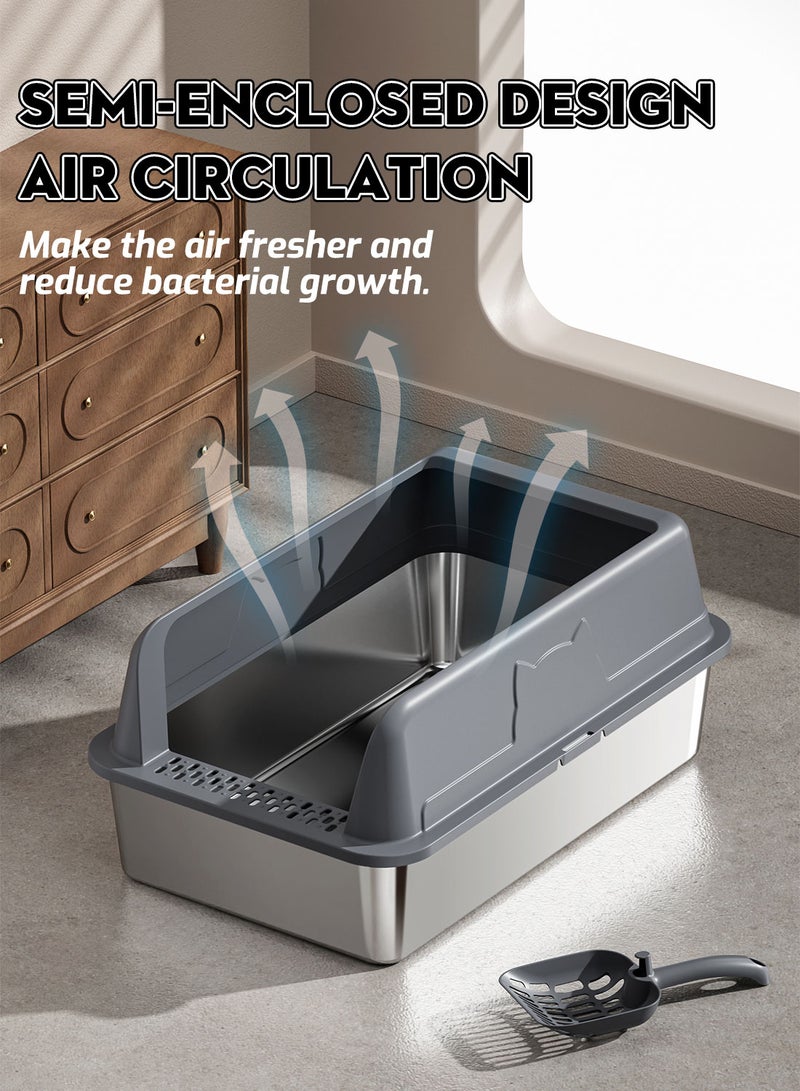 Kidle Large Stainless Steel Cat Litter Box with Litter Scoop Cat Toilet Cat Litter Tray High Wall Side Shell Non-Sticky Anti Splashing and Easy Clean 33.5*43.5*25.5cm - Image 2