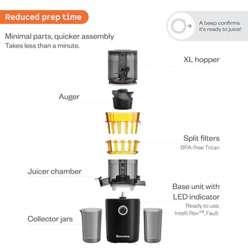Home cold press juicer for fruits, veggies, coconut milk stainless steel body black 40 RPM high nutrition extraction, intelligent auto reverse, XL hopper, easy clean safety features - Image 2