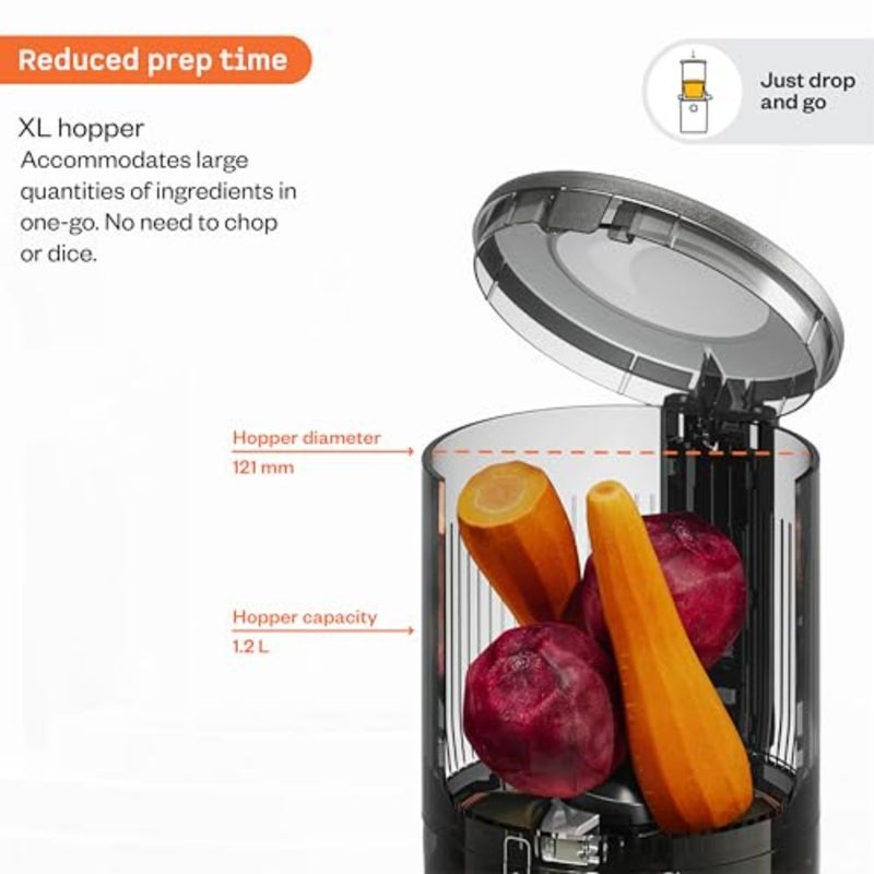 Home cold press juicer for fruits, veggies, coconut milk stainless steel body black 40 RPM high nutrition extraction, intelligent auto reverse, XL hopper, easy clean safety features - Image 3