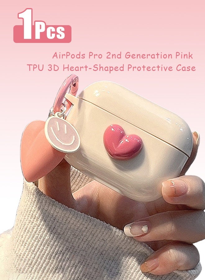 AirPods Pro2 Case, Airpods Pro 2nd Generation Pink TPU 3D Heart-shaped Case Cover, Soft Silicone Skin Shock-Absorbing Protective Cover with Keychains for Apple Airpods Pro 2 - Image 1