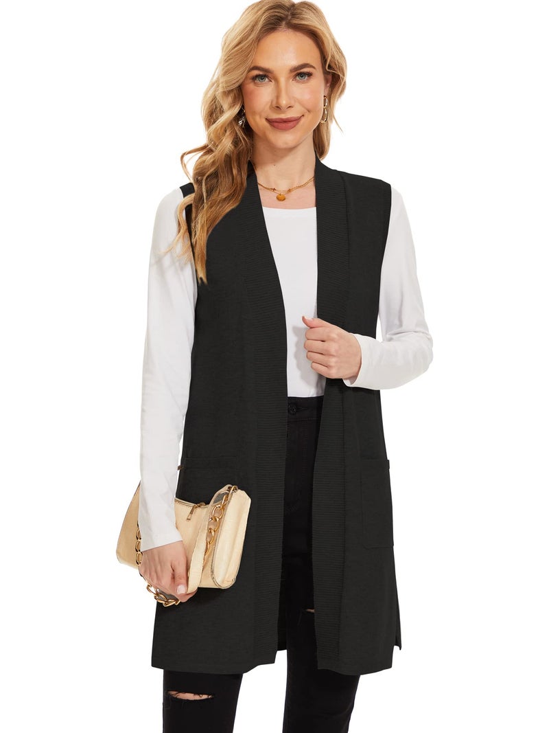 Moss Rose Long Vest for Women Sleeveless Lightweight Open Front Cardigans Ribbed Knit Outwear with Pockets Black M - Image 1
